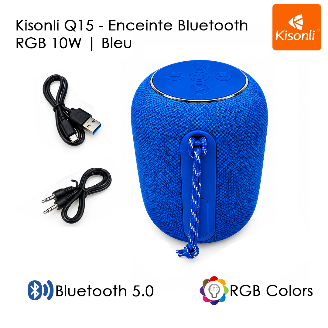 Enceinte Kisonli Q15 Bluetooth 10W avec RGB, USB/TF/AUX, autonomie 4h. Facturation entreprise, tarifs de gros disponibles. Livraison rapide en Algérie.