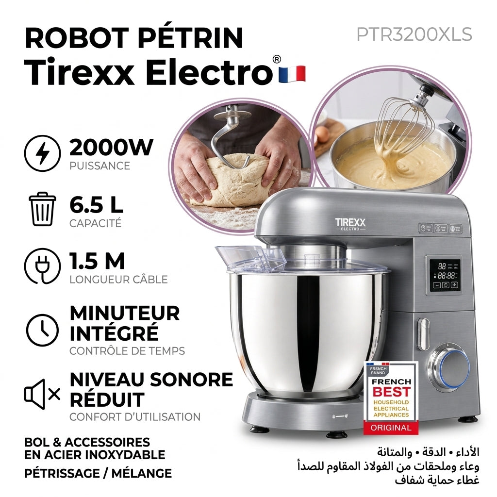 Tirexx PTR3200 – Robot Pétrin Métallique - Puissance 2000 W (8 Vitesses)