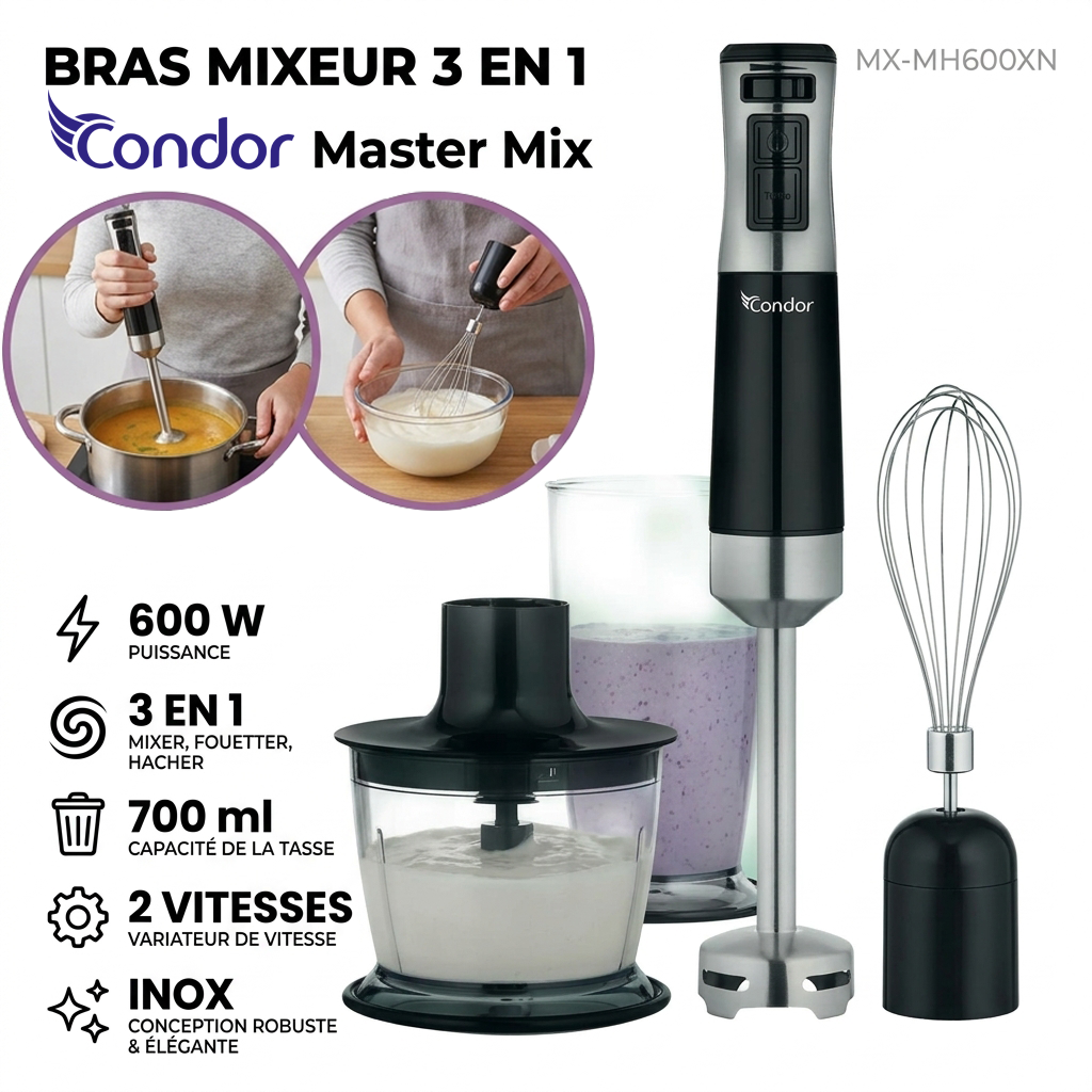 Condor – MX-MH600XN – Mixeur Plongeant Multifonction - Puissance 600 W