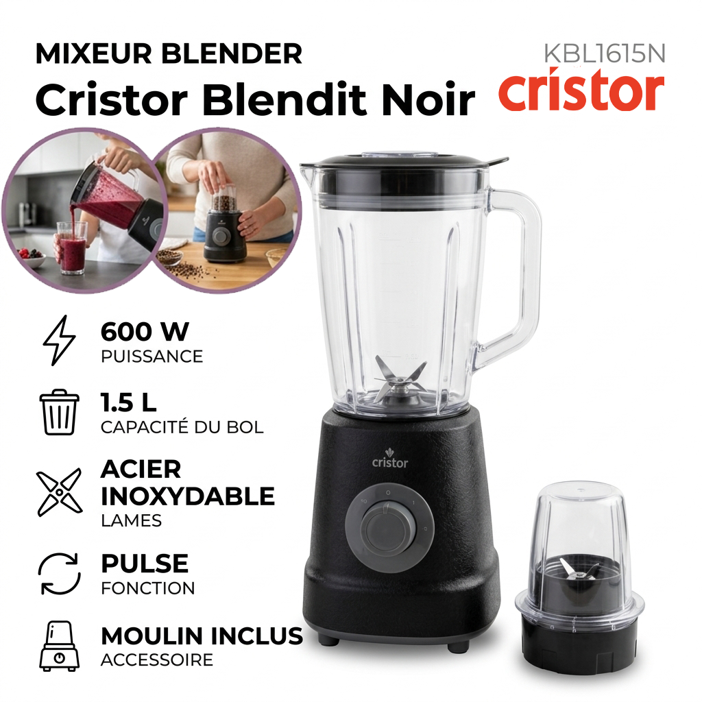 Cristor – KBL1615N – Blender de Cuisine - Bol 1,5 L et Puissance 600 W