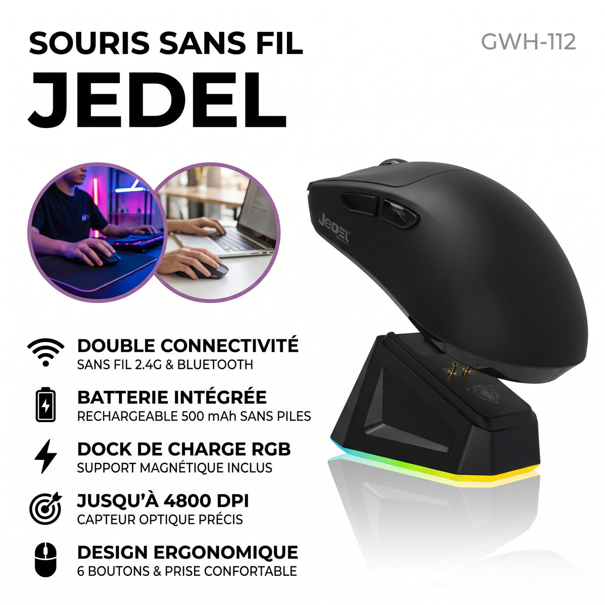 JEDEL GWH-112 – Souris Sans Fil + Bluetooth
