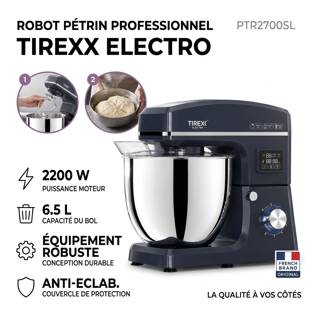 Tirexx PTR2700 – Robot Pétrin - Puissance 2000 W (Boîte de Vitesses Métal)