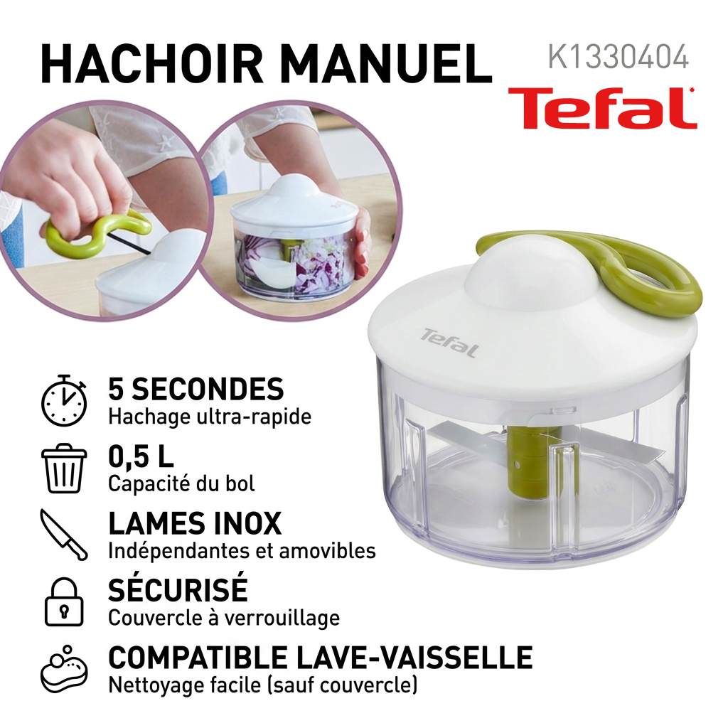 Tefal – K1330404 – Hachoir Manuel 5 Secondes - Bol 500 ml