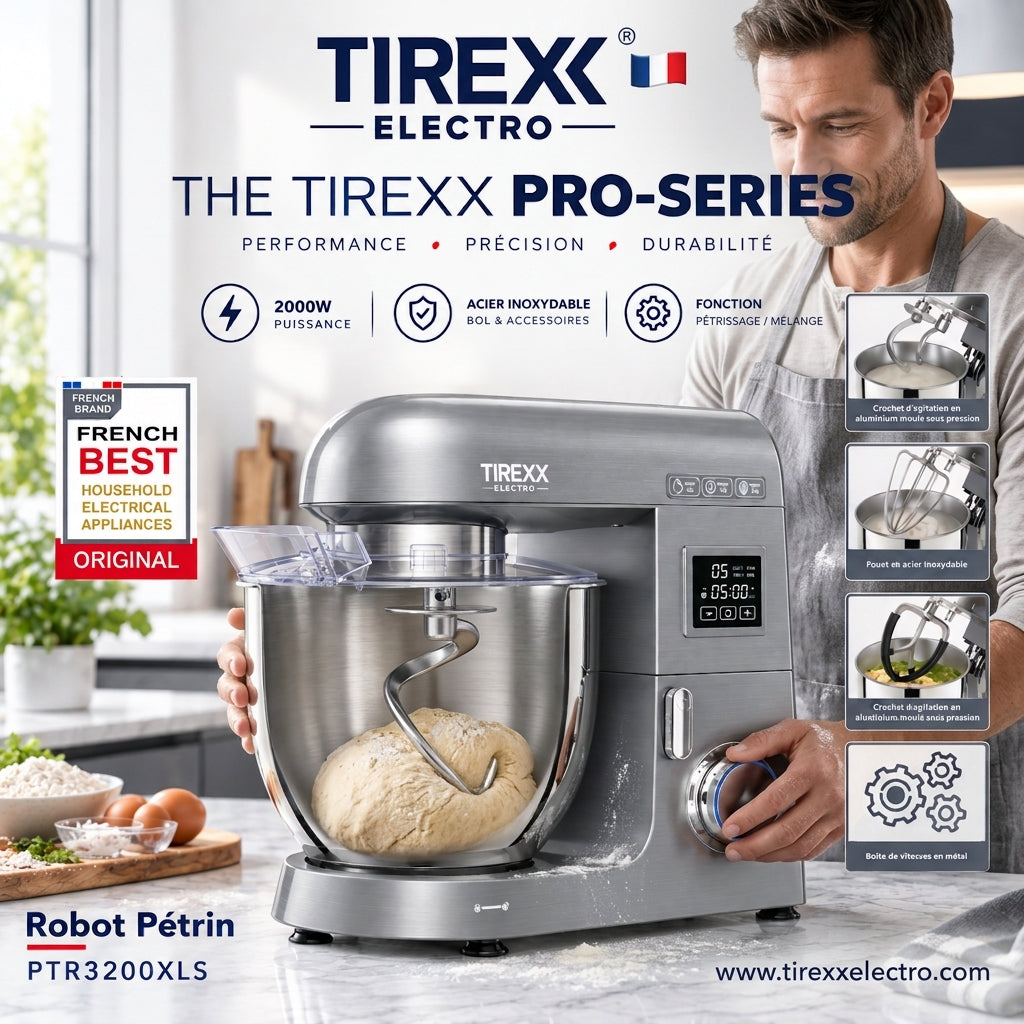 Tirexx PTR3200 – Robot Pétrin Métallique - Puissance 2000 W (8 Vitesses)