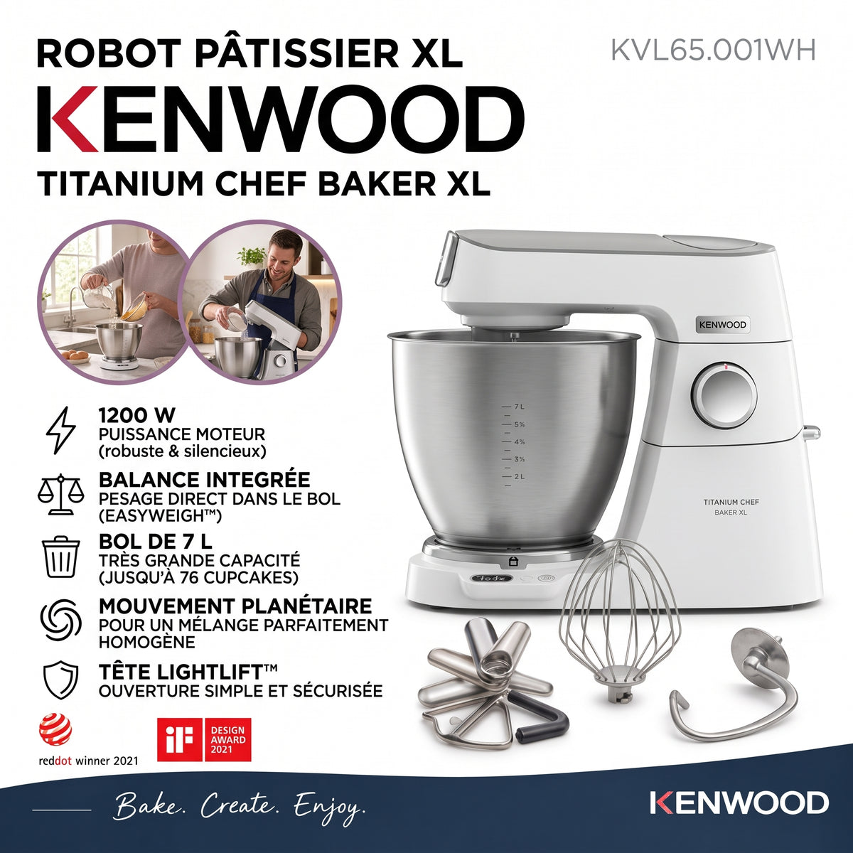 Kenwood Titanium Chef Baker XL KVL65.001WH – Pétrin - Puissance 1200 W (Capacité 7 L)