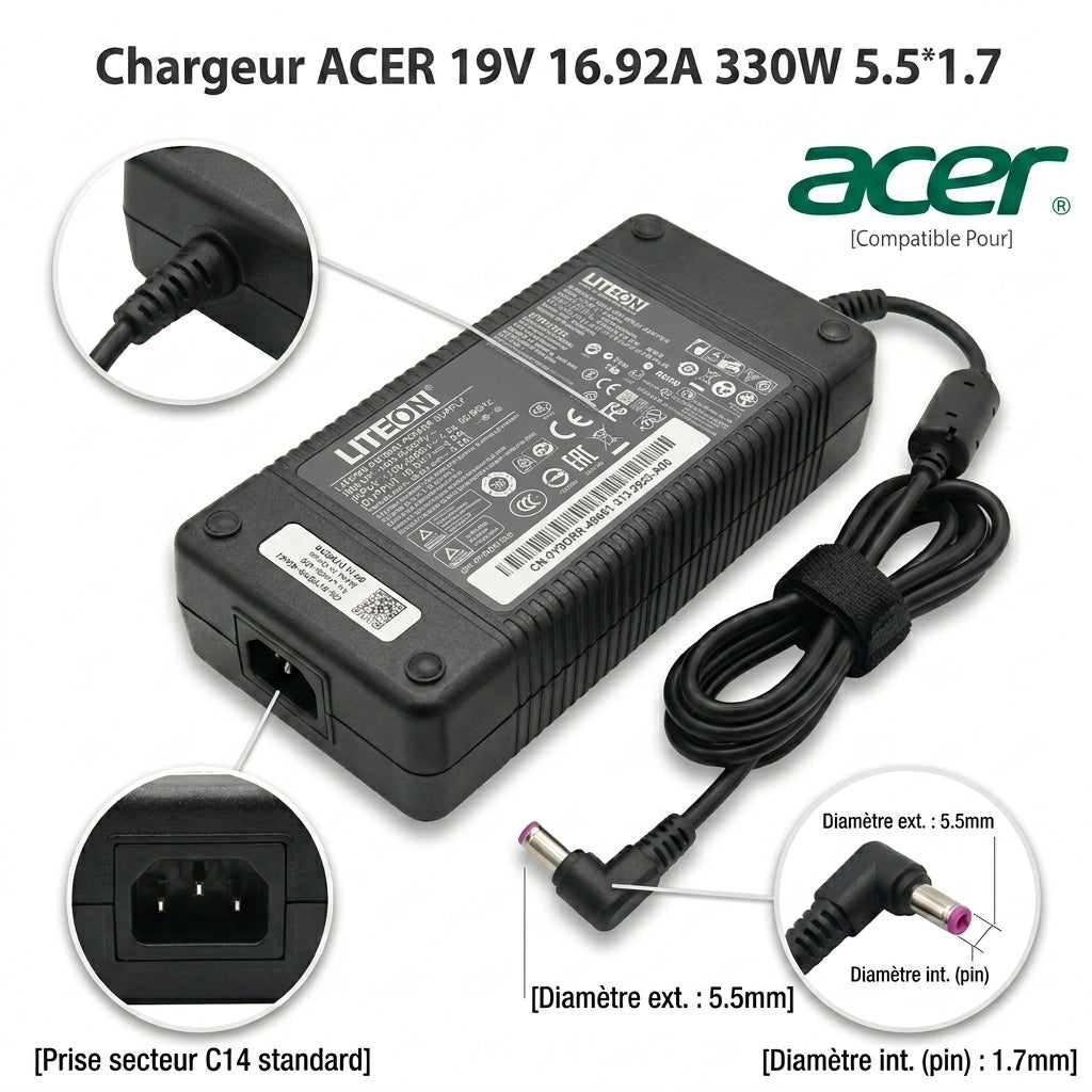 Chargeur Laptop ACER Original 330W 19V 16.92A – Fiche 5.5x1.7 mm avec Cable Trefle Excellent État
