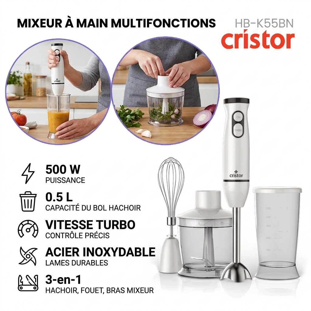 Cristor – HB-K55BN – Mixeur Plongeant Multifonction - Puissance 500 W