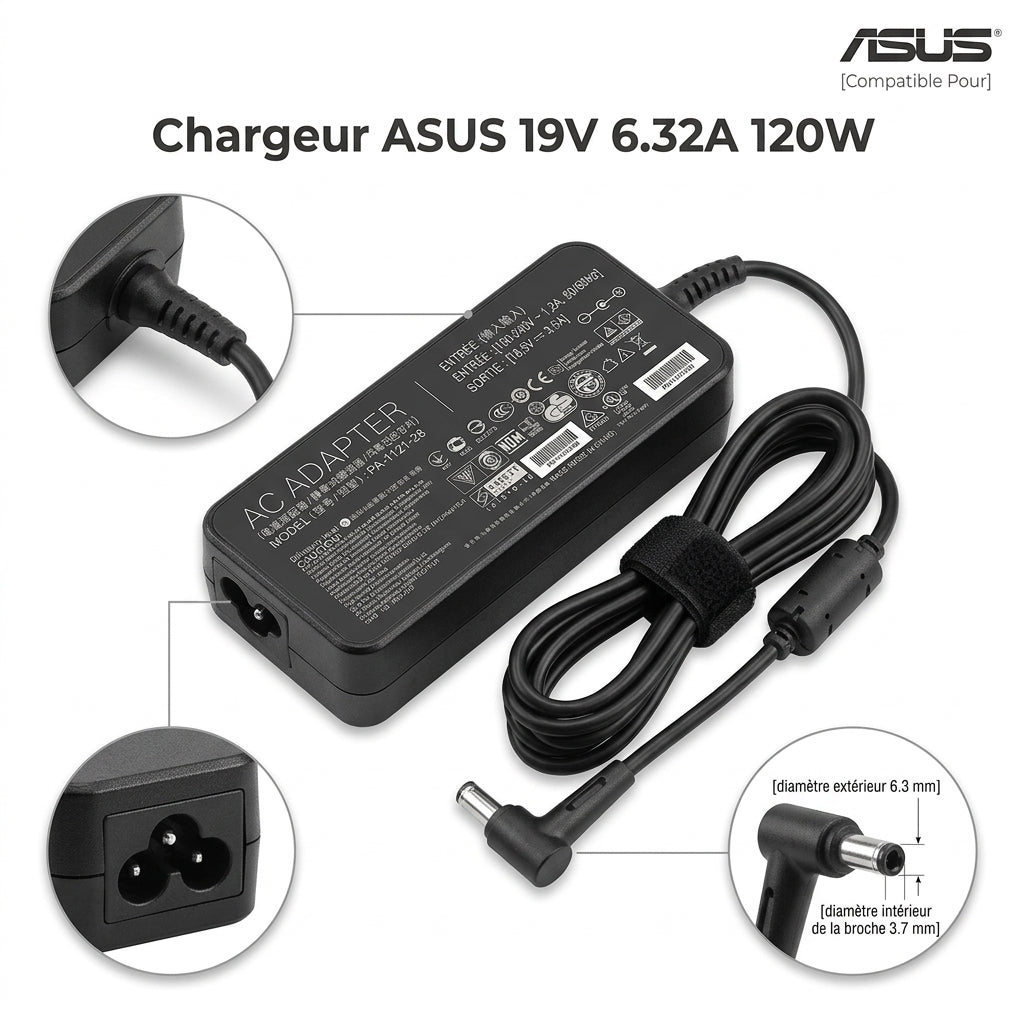 Chargeur Laptop Asus Original – 120W - 19V – 6.32A - Connecteur 6.3x3.7mm - État Neuf