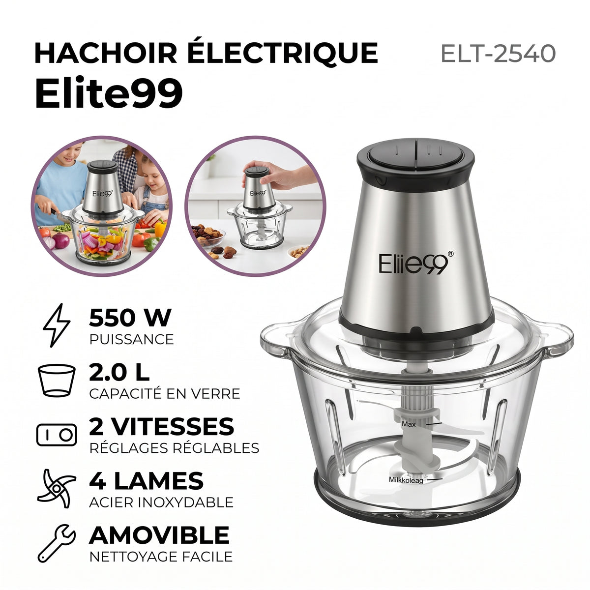 Elite99 ELT-2540 – Hachoir Électrique - Puissance 550 W