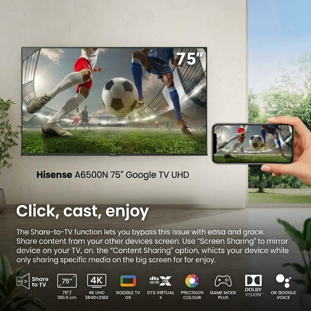 Hisense A6500N – Téléviseur 75 Pouces 4K UHD Smart TV (Google TV / Dolby Vision / 4K AI Upscaler)