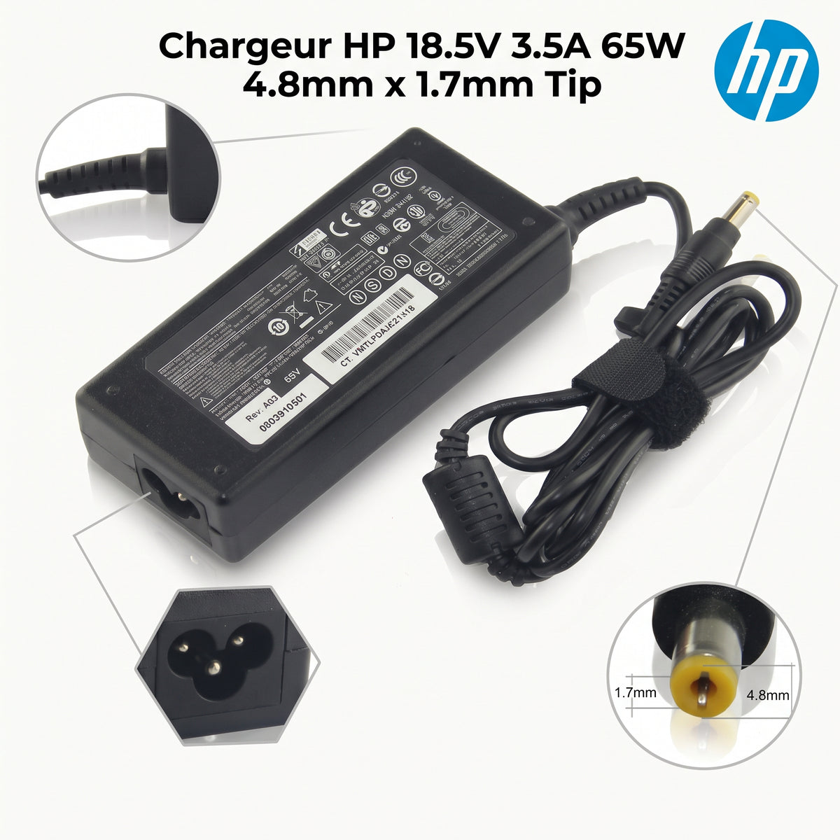 Chargeur Laptop HP Original – 65W - 18.5V – 3.5A - Connecteur Embout Jaune 4.8x1.7mm - État Neuf