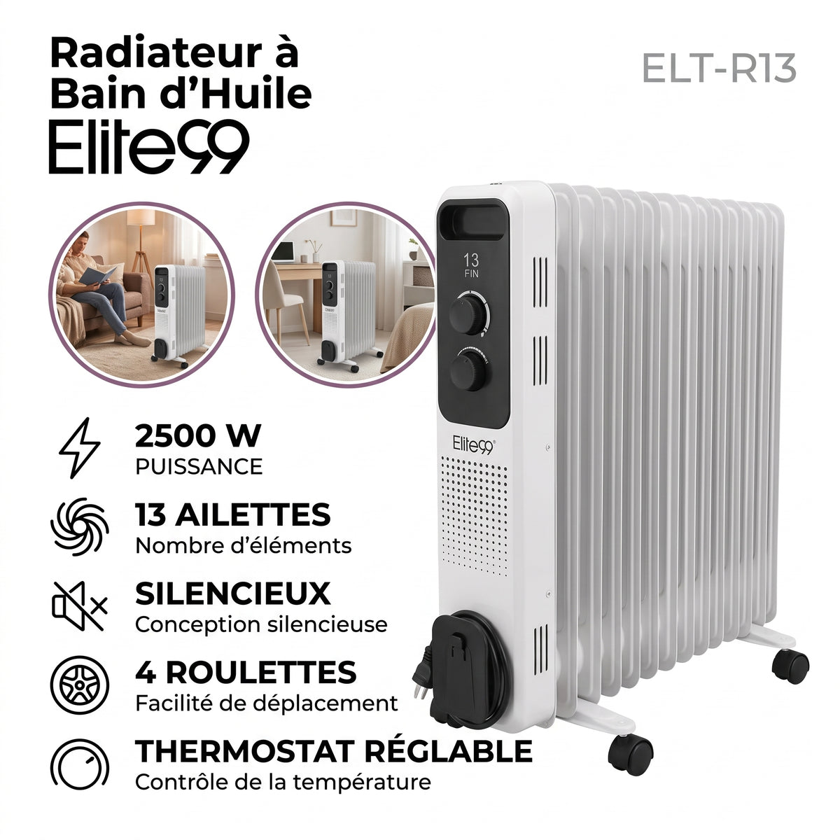 Elite99 ELT-R13 – Radiateur Bain d'Huile - Puissance 2500 W (13 Ailettes)