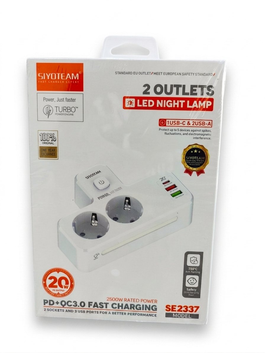 SIYOTEAM SE2337 - Multiprise murale à 2 prises Schuko avec veilleuse LED tactile intégrée, 1 port USB-C et 2 ports USB-A