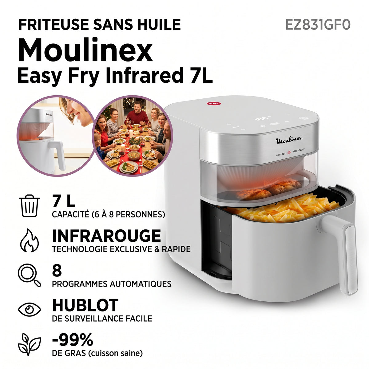 Moulinex EZ831GF0 Easy Fry Infrared – Friteuse à air sans huile 7L