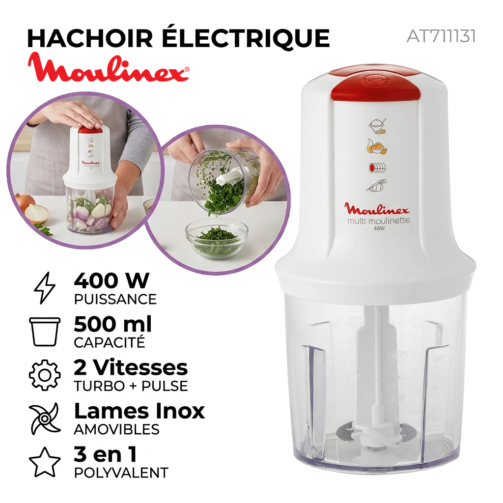 Moulinex – AT711131 – Hachoir Multifonction - Puissance 400 W