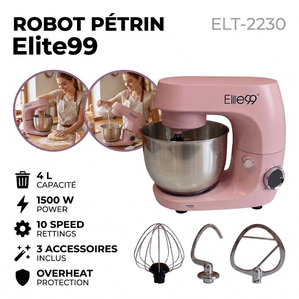 Elite99 – ELT-2230 – Robot Pétrin sur Socle - Puissance 1500 W - Rose