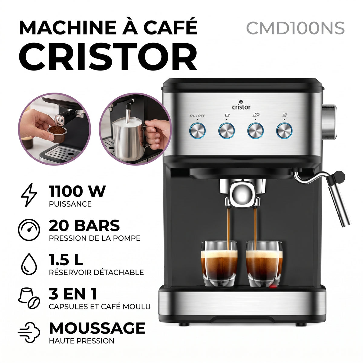 CRISTOR CMD100NS – Machine à Expresso 3-en-1 - Pression 20 BARS