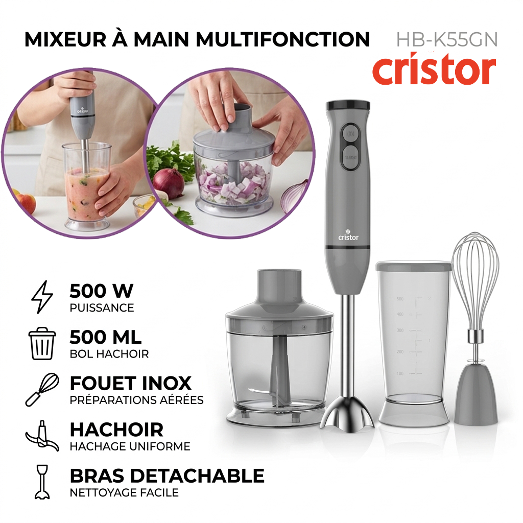 Cristor – HB-K55GN – Mixeur Plongeant Multifonction - Puissance 500 W