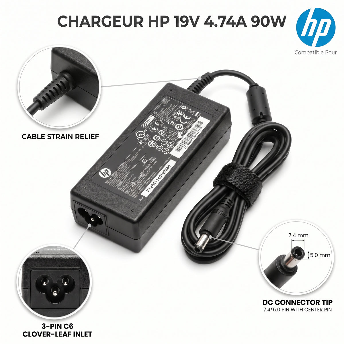 Chargeur Laptop HP Original – 90W - 19V – 4.74A - Connecteur Gros Embout 7.4x5.0mm - État Neuf