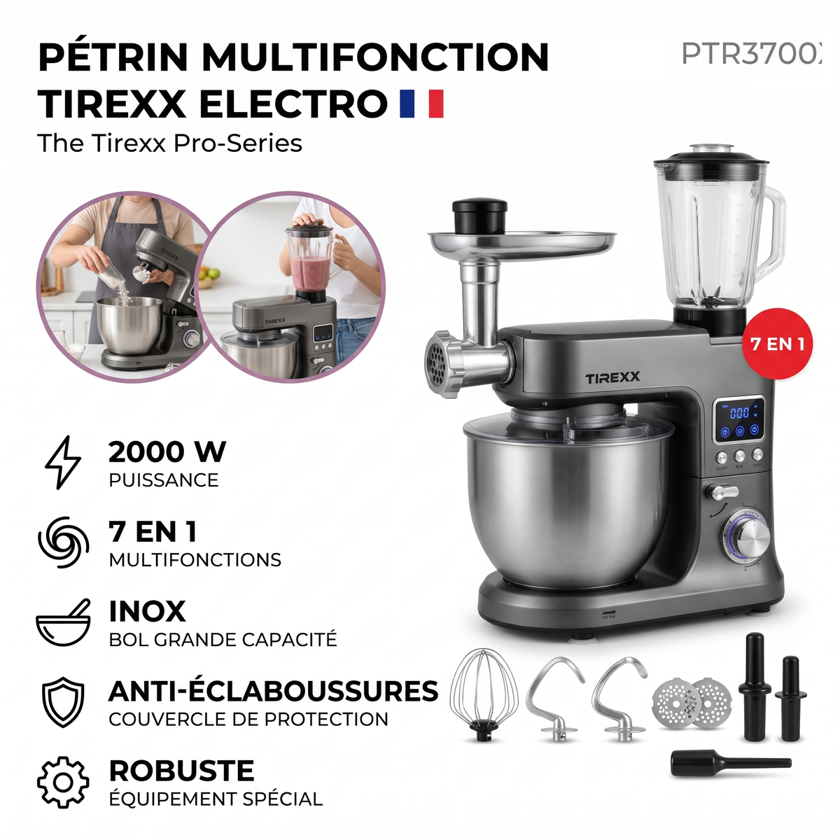Tirexx PTR3700 – Robot Pétrin Métallique - Puissance 2000 W