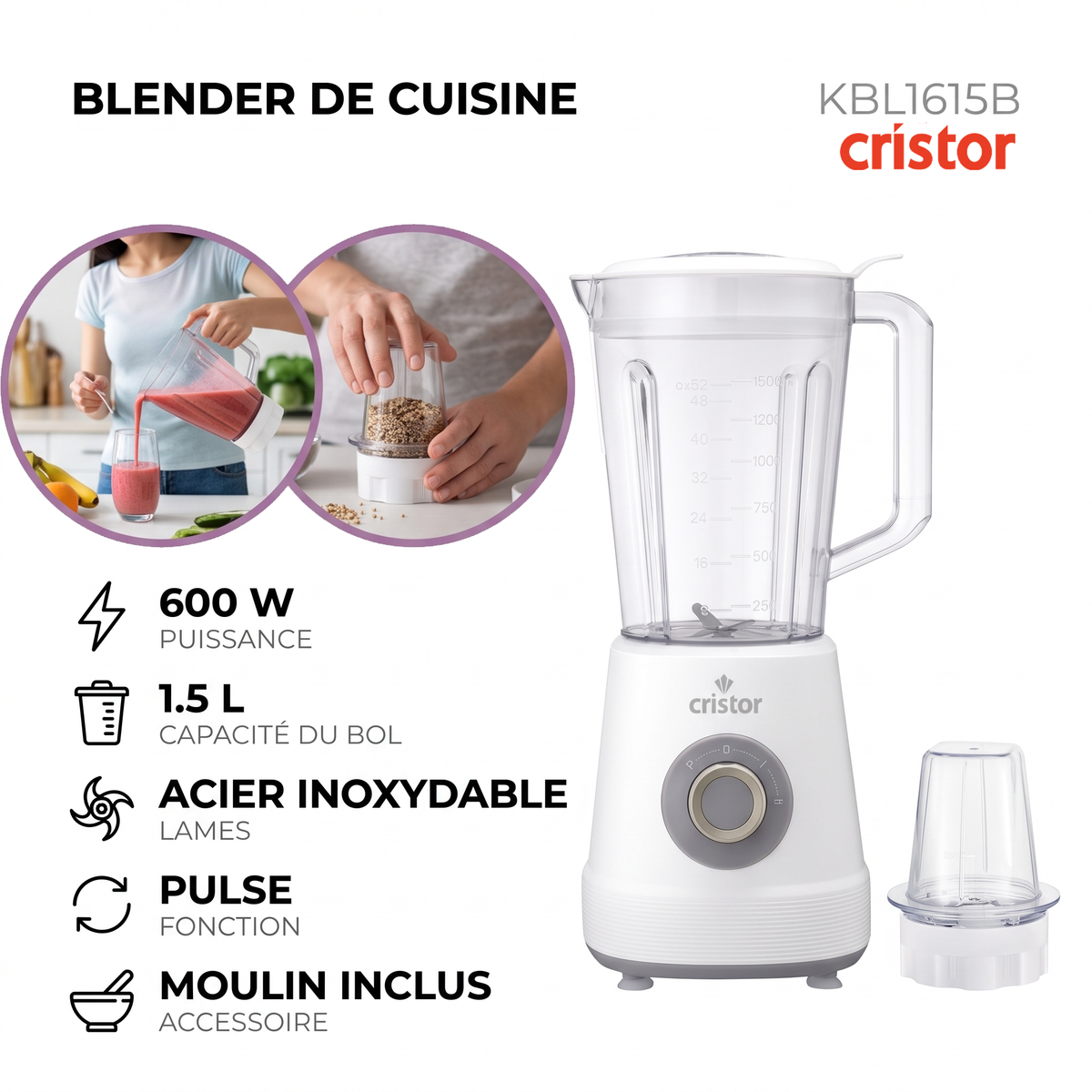 Cristor – KBL1615B – Blender Blendit - Bol 1,5 L et Puissance 600 W