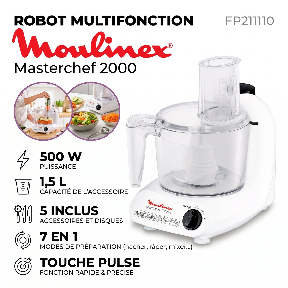 Moulinex – Masterchef 2000 FP211110 – Robot Multifonction - 500W, 7 en 1 avec Touche Pulse