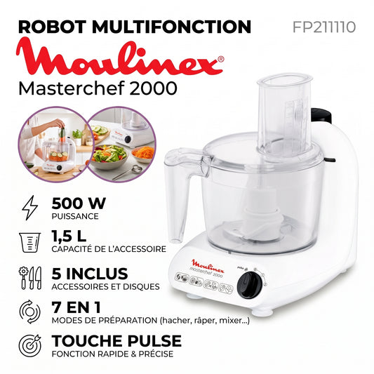 Moulinex – Masterchef 2000 FP211110 – Robot Multifonction - 500W, 7 en 1 avec Touche Pulse