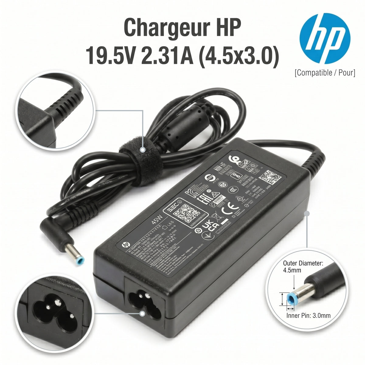 Chargeur Laptop HP Original – 45W - 19.5V – 2.31A - Embout Bleu 4.5x3.0mm - État Neuf