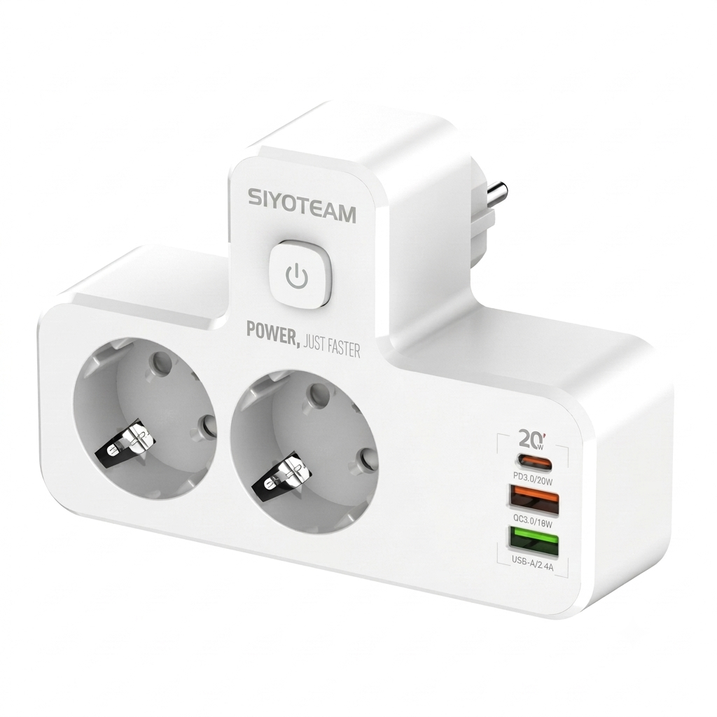 SIYOTEAM SE2337 - Multiprise murale à 2 prises Schuko avec veilleuse LED tactile intégrée, 1 port USB-C et 2 ports USB-A