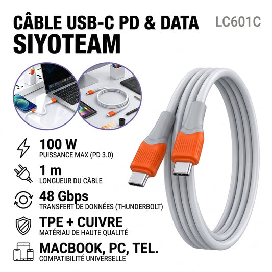 SIYOTEAM LC601C - Cable USB-C vers USB-C 100W PD 48Gbps Thunderbolt