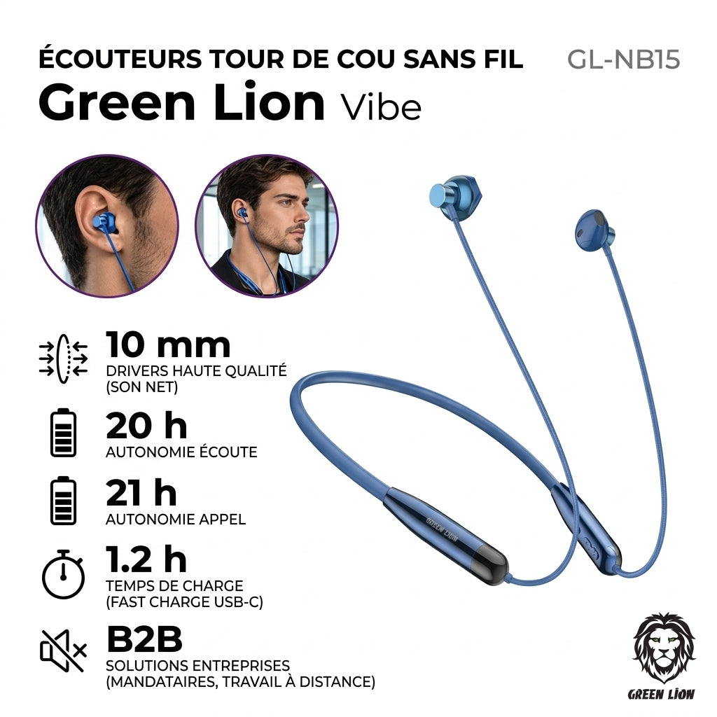 Green Lion Vibe GL-NB15 - Écouteurs Neckband Bluetooth V6.0