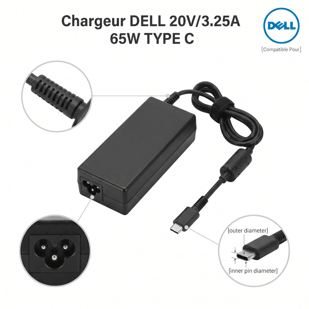 Chargeur Laptop Dell Original – 65W - 20V – 3.25A - Connecteur USB Type-C - État Neuf