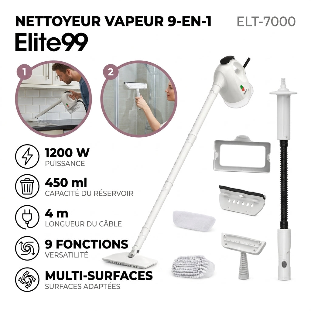 Elite99 ELT-7000 – Nettoyeur Vapeur 9-en-1 - Puissance 1200 W