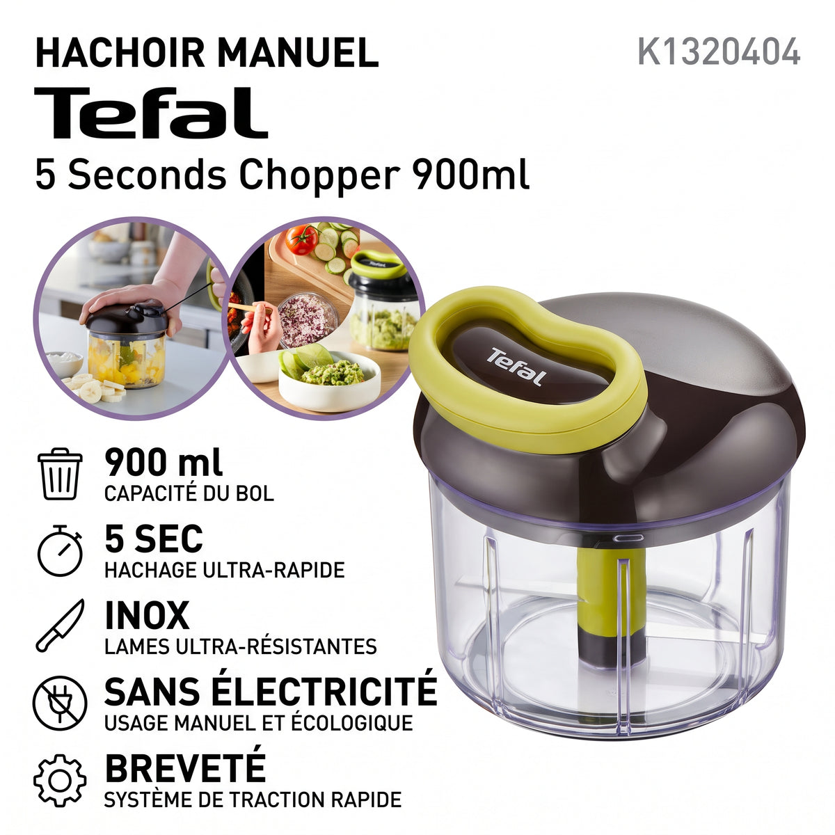 Tefal K1320404 5 Seconds Chopper – Hachoir manuel 900 ml