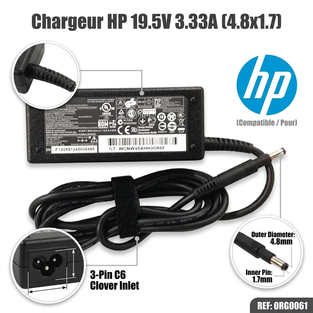 Chargeur Laptop HP Original – 65W - 19.5V – 3.33A - Connecteur Embout Long 4.8x1.7mm - État Neuf