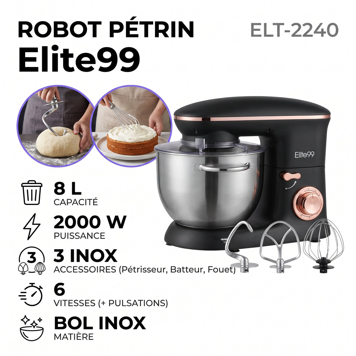 Elite99 – ELT-2240 – Robot Pétrin sur Socle - Puissance 2000 W