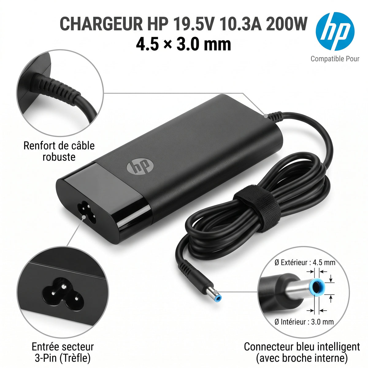 Chargeur Laptop HP Original 200W 19.5V 10.3A – Fiche 4.5x3.0 mm avec Cable Trefle Excellent Etat