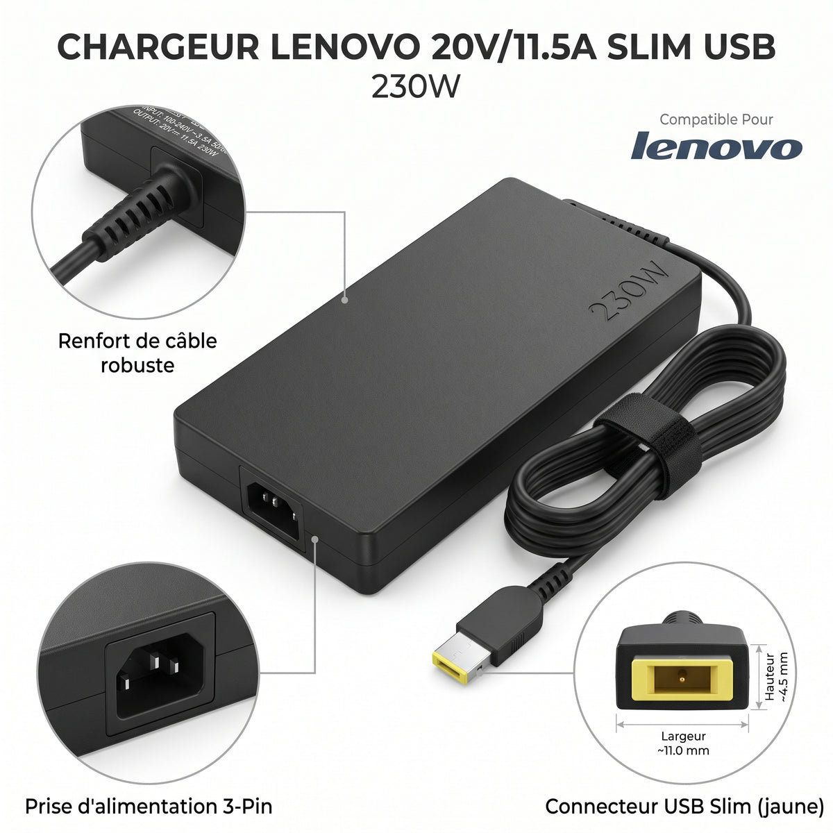 Chargeur Laptop Lenovo Original 230W 20V 11.5A – Fiche Slim USB avec Cable Trefle Excellent Etat