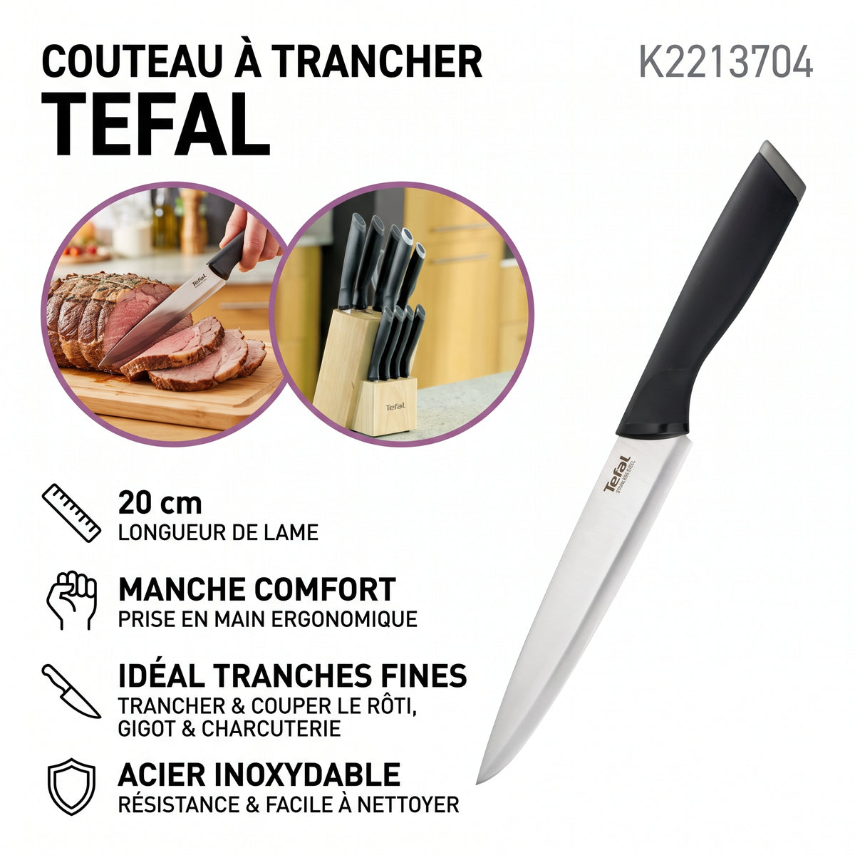 Tefal Comfort K2213704 – Couteau à trancher 20 cm