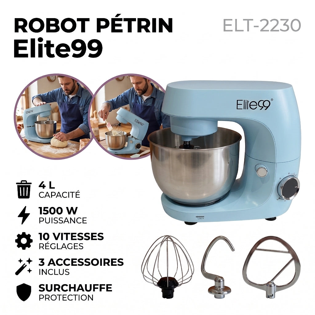 Elite99 – ELT-2230 – Robot Pétrin sur Socle - Puissance 1500 W - Bleu ciel