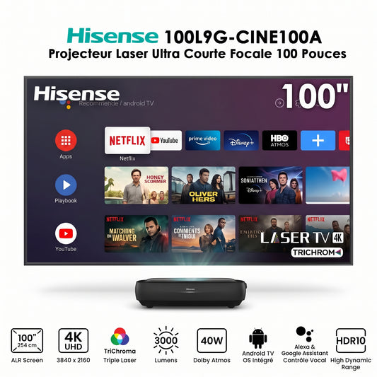 Hisense 100L9G-CINE100A – Projecteur Laser Ultra Courte Focale 100 Pouces 4K UHD Smart TV