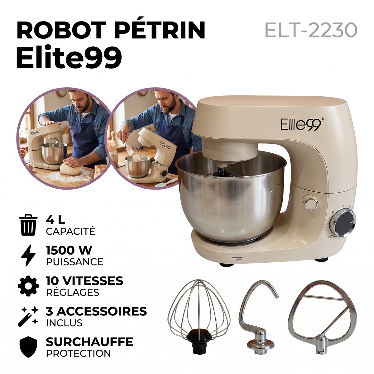 Elite99 – ELT-2230 – Robot Pétrin sur Socle - Puissance 1500 W