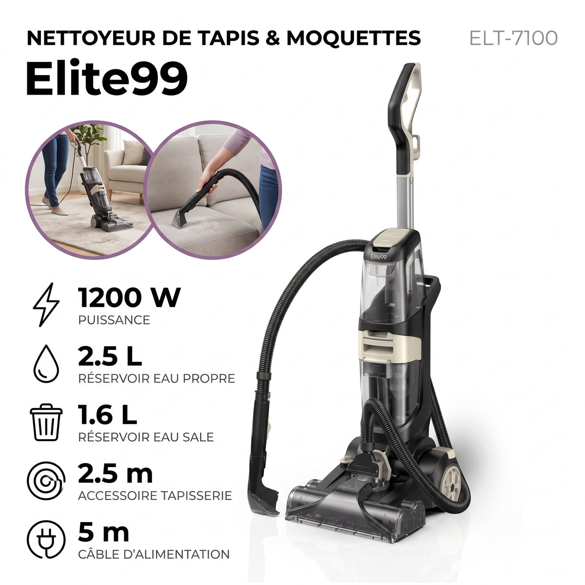 Elite99 ELT-7100 – Nettoyeur de Tapis & Moquettes - Puissance 1200 W