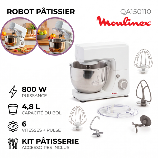 Moulinex – QA150110 – Robot Pâtissier - Cuve Inox 4,8L et Puissance 800W