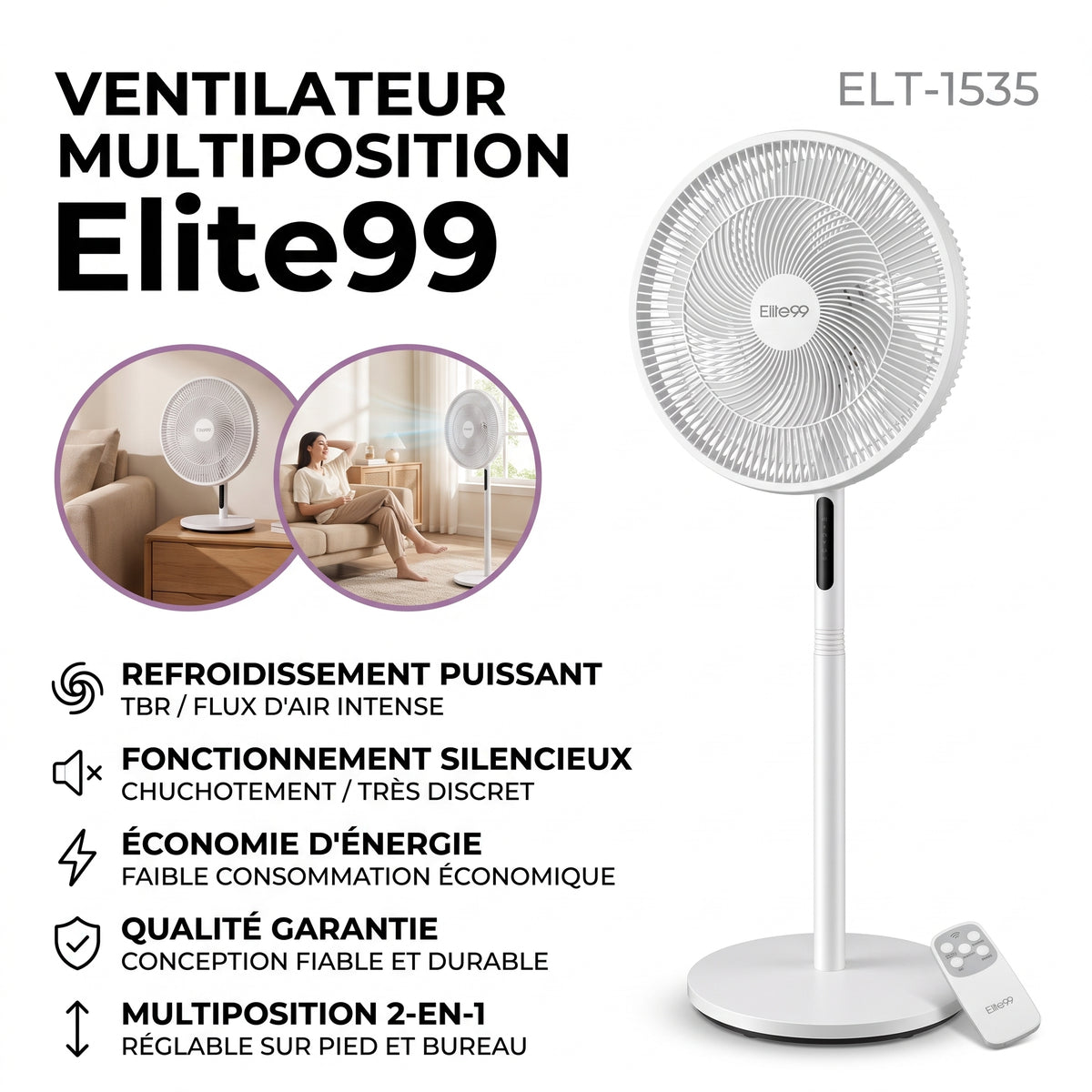 Elite99 ELT-1535 – Ventilateur Multiposition 2-en-1 (Pied et Bureau) – Télécommande