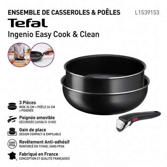 Tefal Ingenio Easy Cook & Clean L1539153 – Ensemble de 3 casseroles et poêles avec poignée amovible