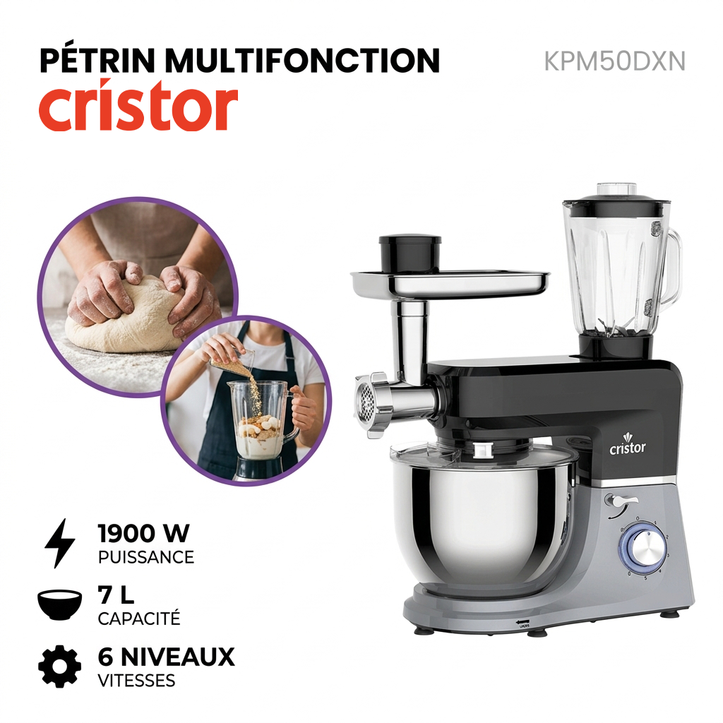 Cristor – KPM50DXN – Petrin Multifonction - Cuve Inox 7 L et Puissance 1900W