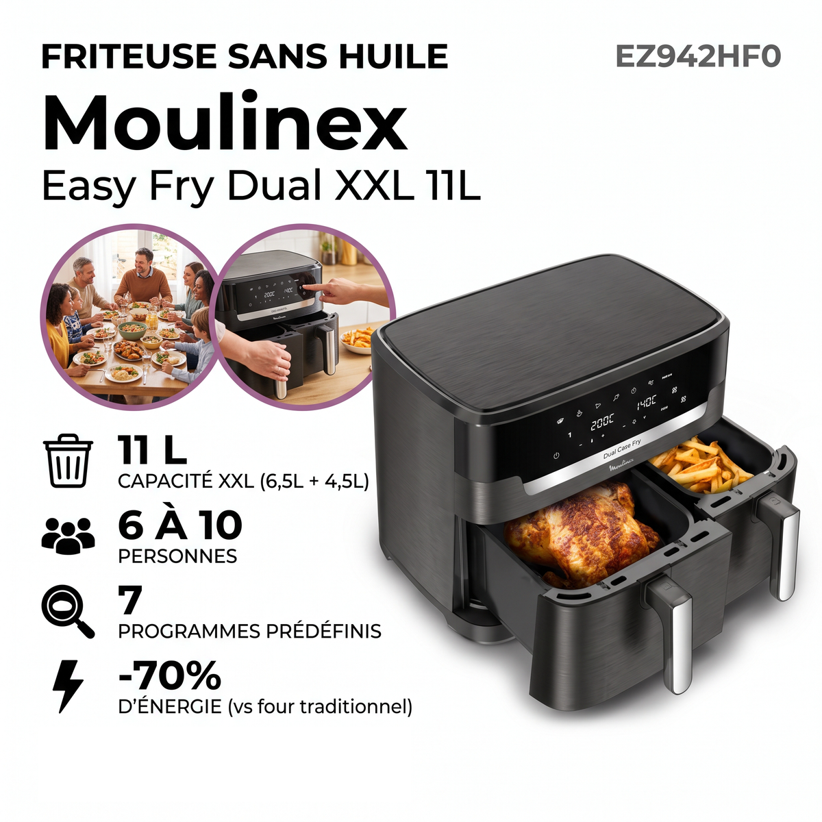 Moulinex EZ942HF0 Easy Fry Dual XXL – Friteuse à air sans huile 11L, 2 tiroirs