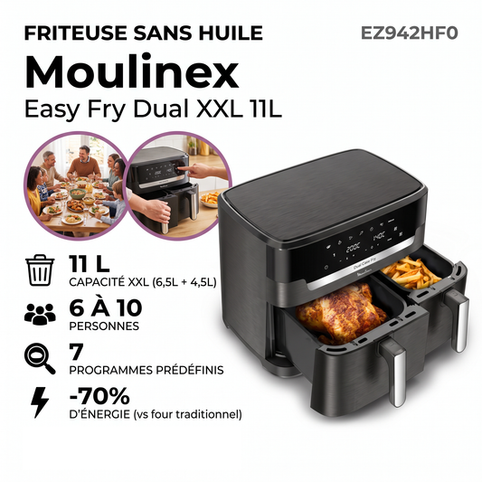 Moulinex EZ942HF0 Easy Fry Dual XXL – Friteuse à air sans huile 11L, 2 tiroirs
