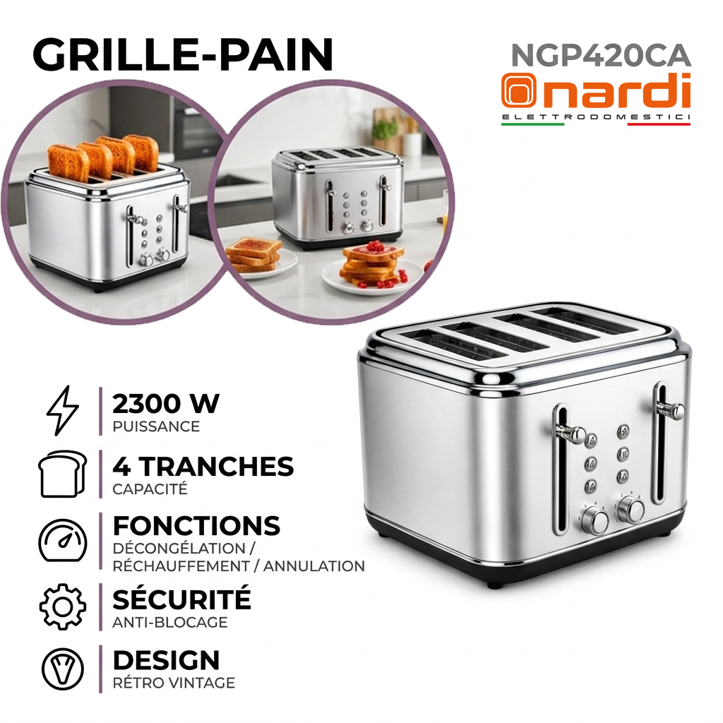 Nardi – NGP420CA – Grille-Pain 4 Tranches - Puissance 2300 W